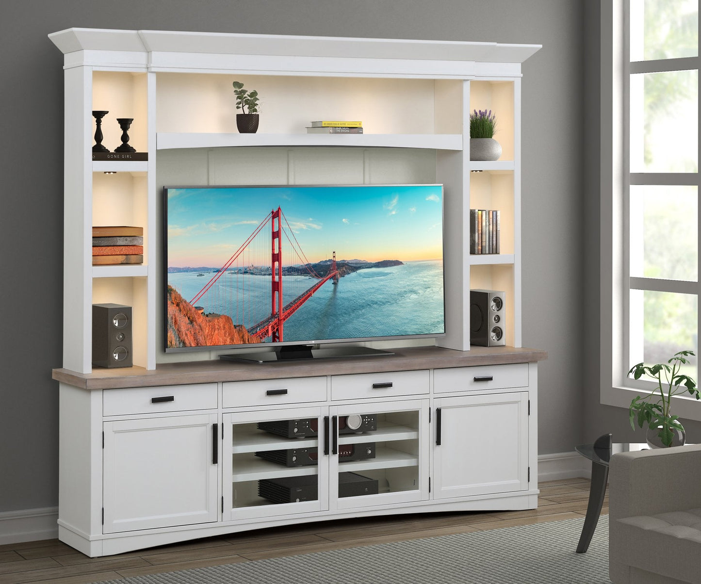 AMERICANA MODERN - COTTON 92 IN. TV CONSOLE WITH HUTCH, BACKPANEL AND LED LIGHTS