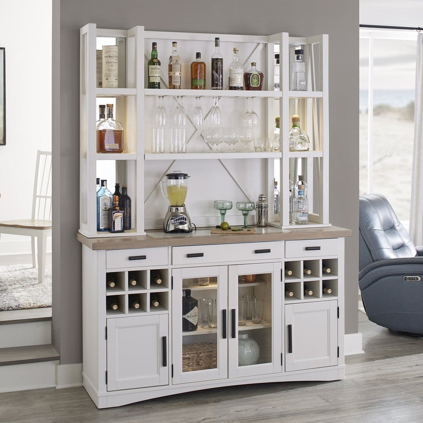 AMERICANA MODERN DINING 2PC 66 IN. BUFFET / BAR OPEN HUTCH WITH QUARTZ INSERT