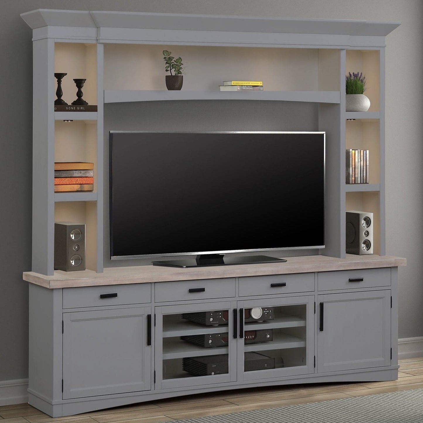 AMERICANA MODERN - DOVE 92 IN. TV CONSOLE WITH HUTCH AND LED LIGHTS