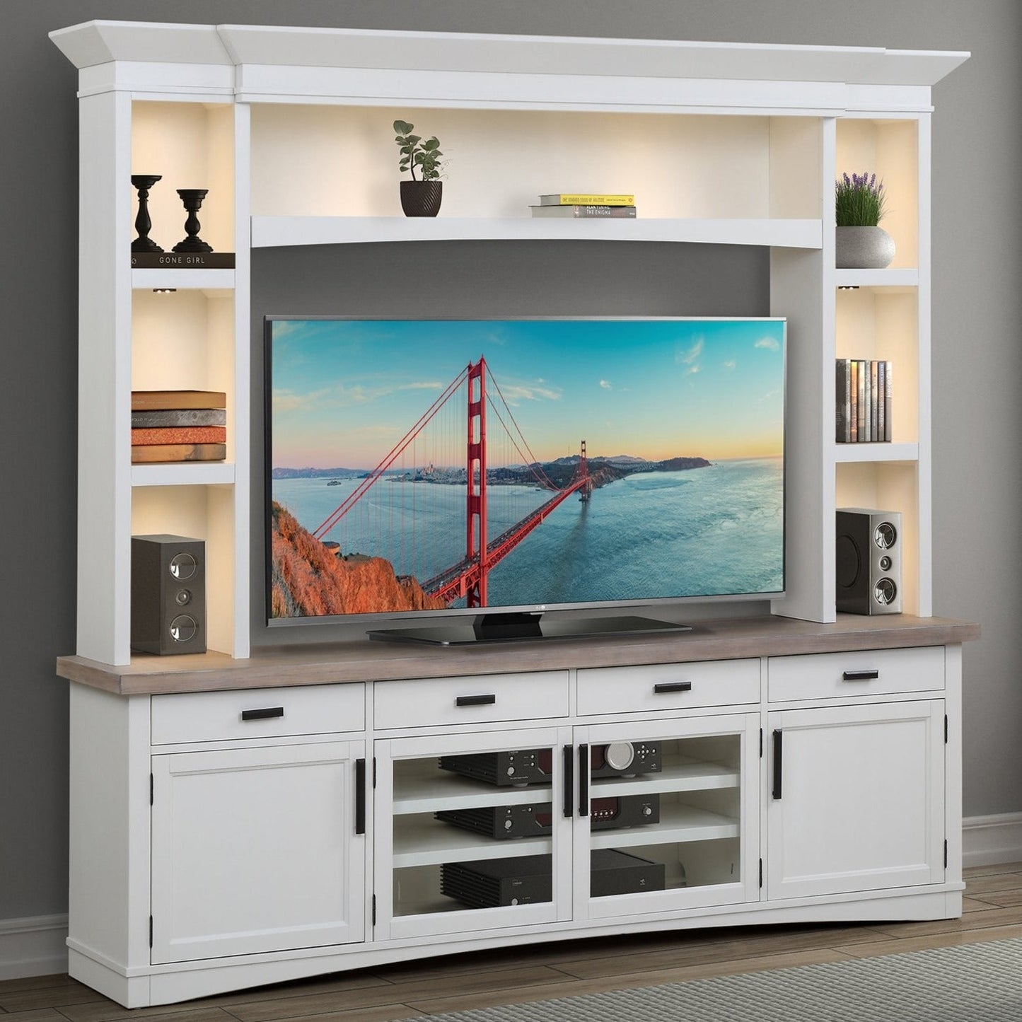 AMERICANA MODERN - COTTON 92 IN. TV CONSOLE WITH HUTCH AND LED LIGHTS