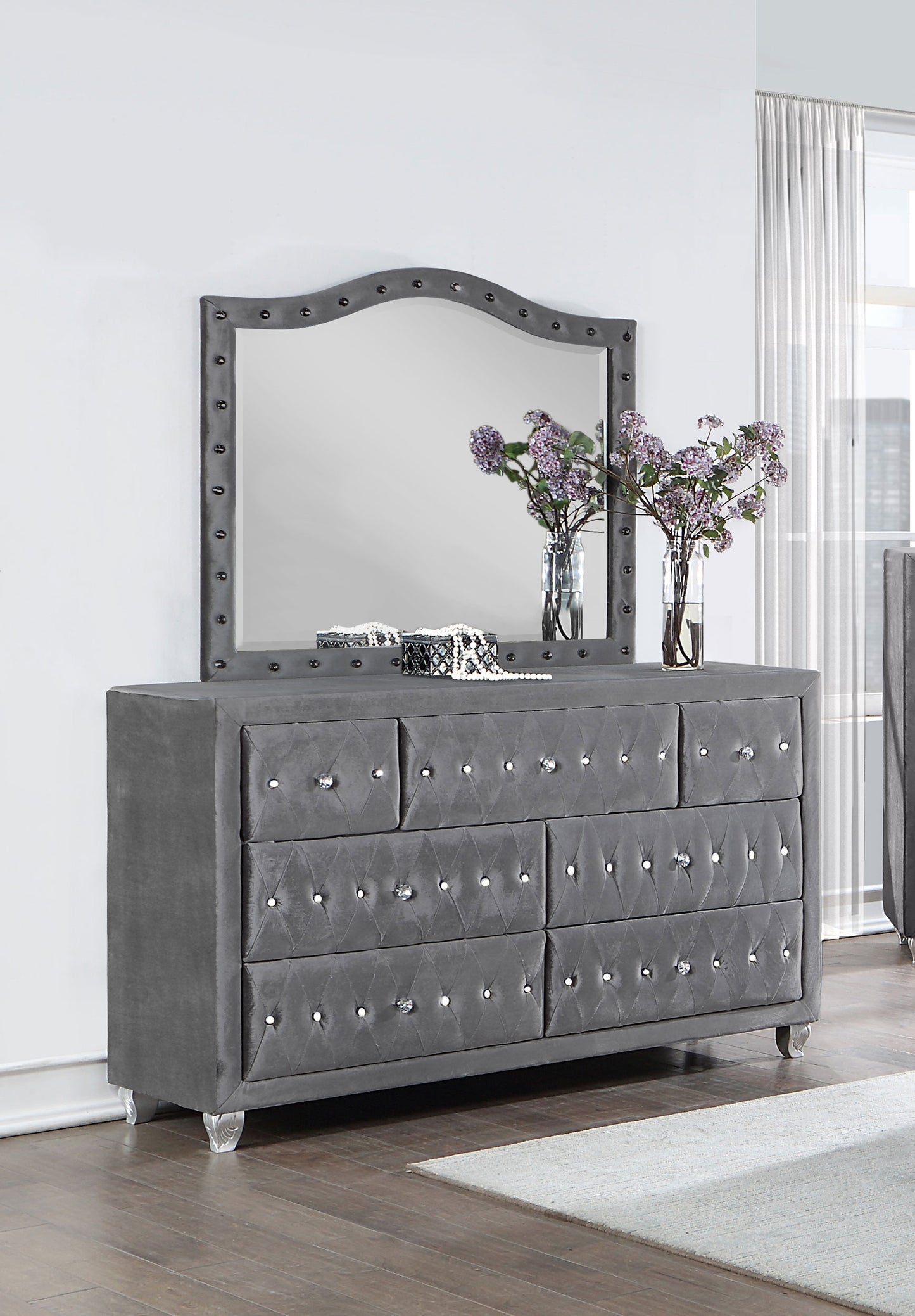 Deanna 7-drawer Upholstered Dresser with Mirror Grey