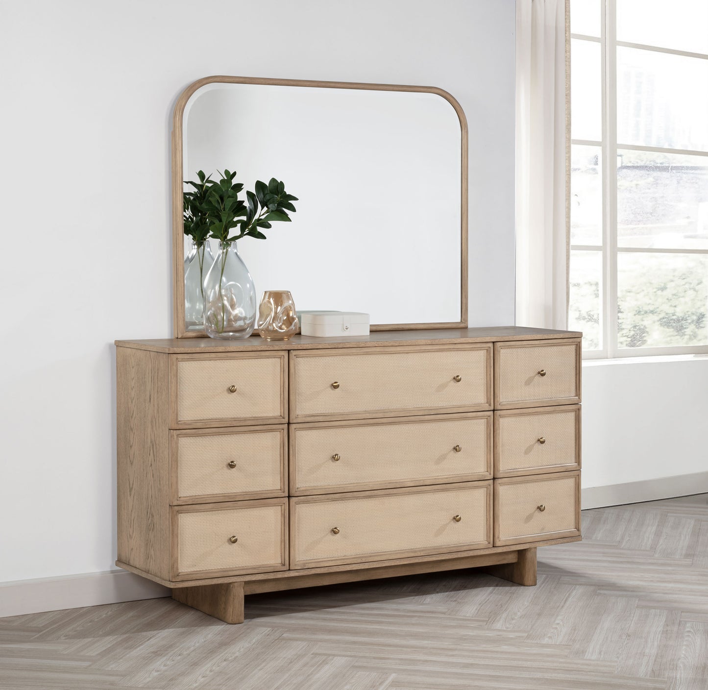 Kailani 9-drawer Dresser and Mirror Beige Oak