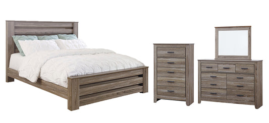 Zelen King Panel Bed with Mirrored Dresser and Chest